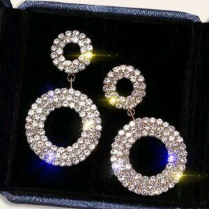 Silver Rhinestone Round Crystal Dangle DropSparkly Stud Earrings for Women's